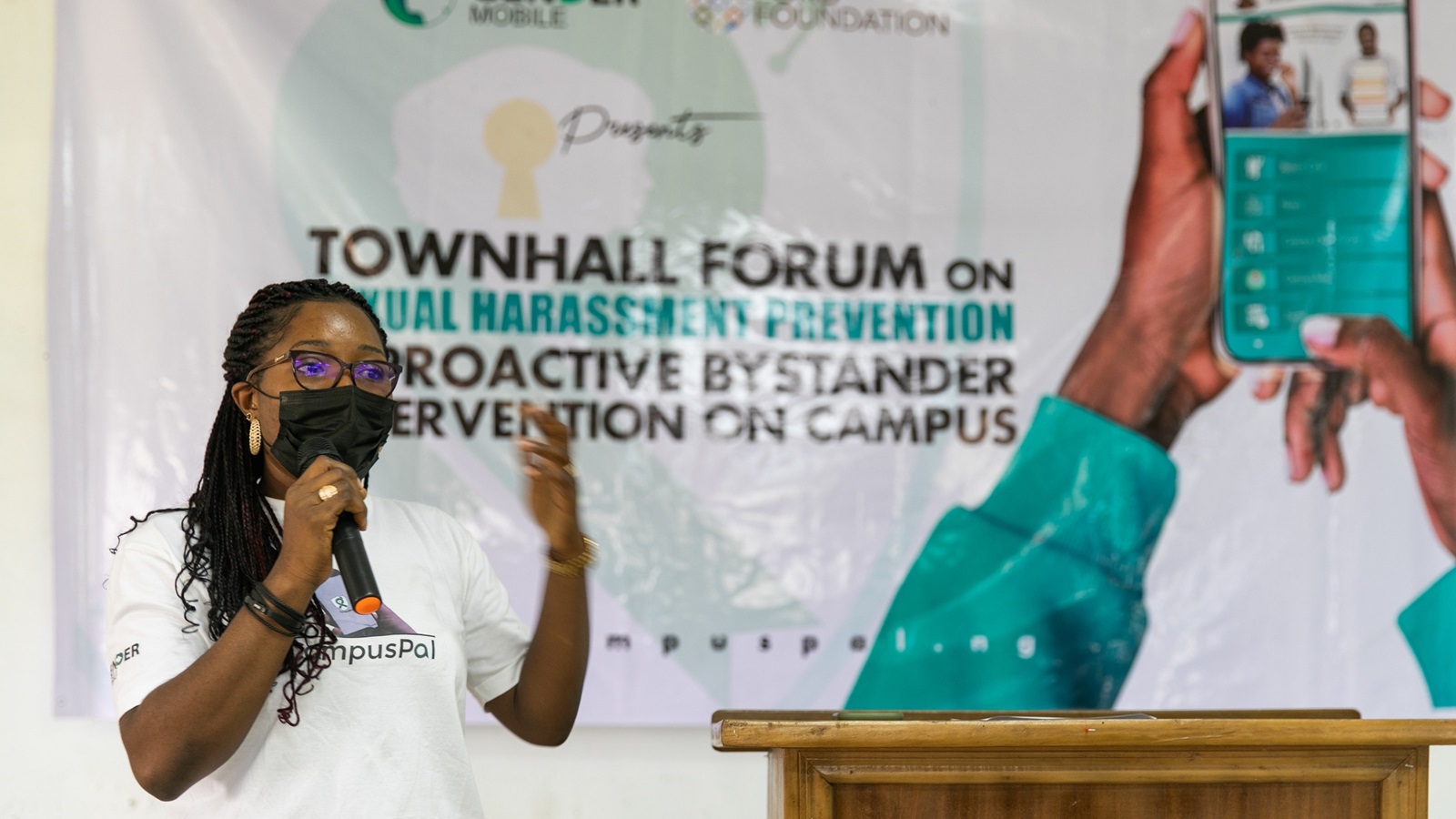 Eno Ekpo, from Gender Mobile, speaks with students during a presentation on the University of Abuja campus in Abuja, Nigeria